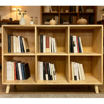 6 Cube Wooden Storage Shelf, Freestanding Open Bookcase with Legs, Natural Solid Wood Cubby Organizer