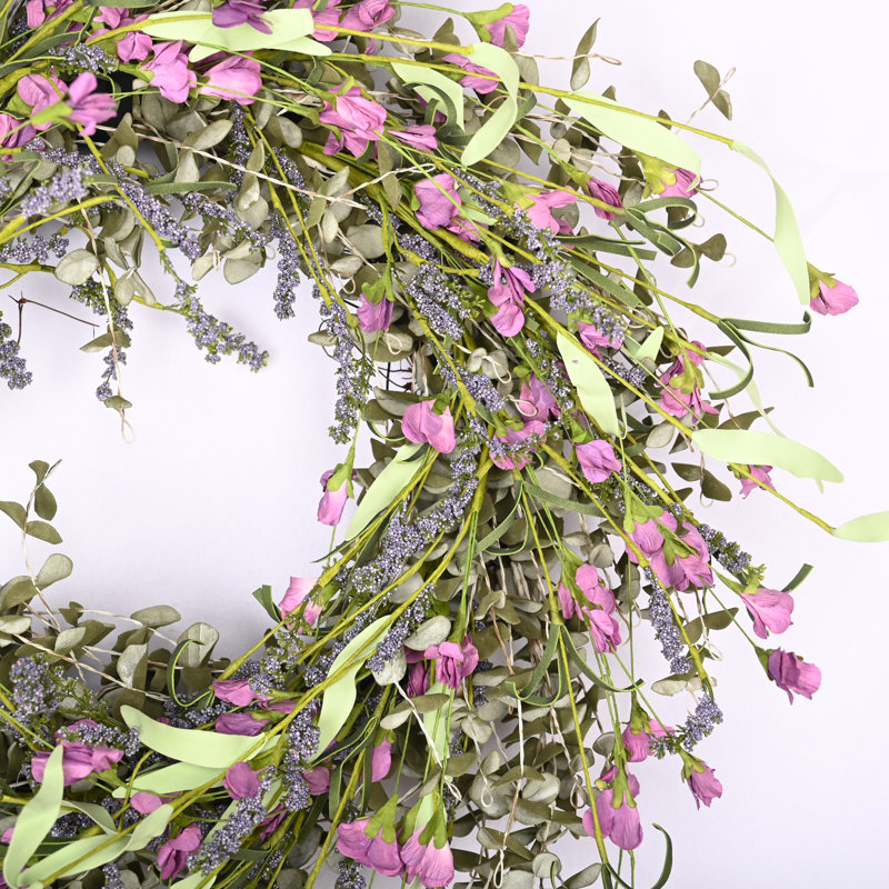 26" Spring Summer Mini Eucalyptus Front Door Wreath, Green/Purple