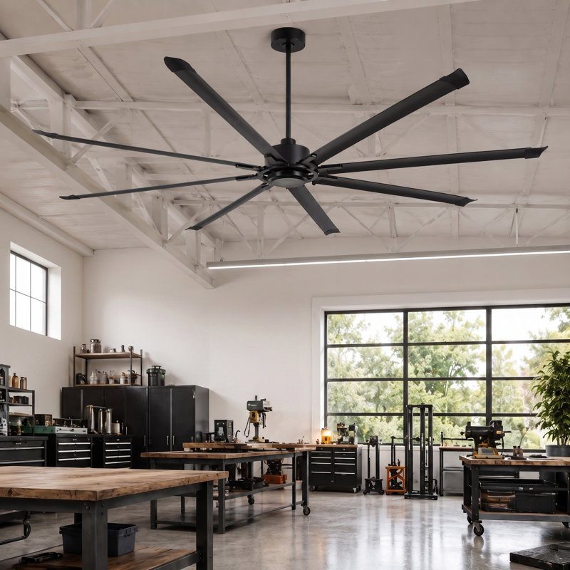 Ventilateur de plafond de 254 cm (100 po) à 8 pales en aluminium avec moteur à aimant permanent, télécommande, 6 vitesses et fonction réversible.
