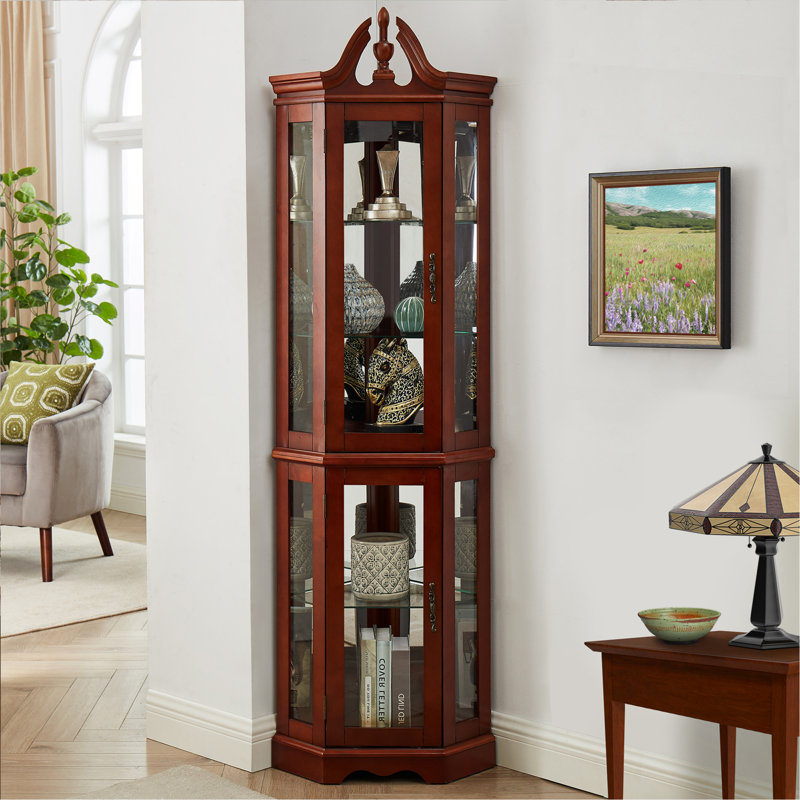 Vitrine de coin avec lumières et tablettes réglables en verre trempé