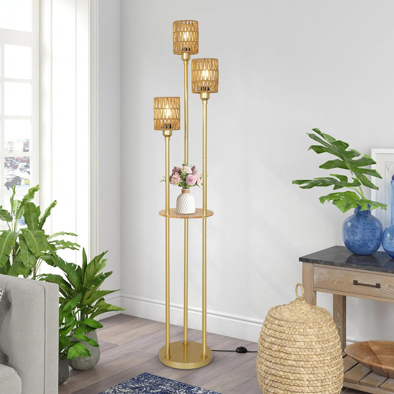 Boho Rattan Floor Lamp With Shelves, 3-Light Farmhouse Standing Lamp For Living Room