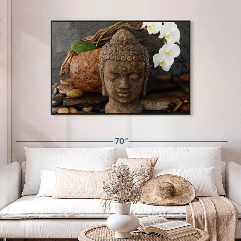 Sculpture tête de Bouddha, 46 po x 31 po, Cadre flottant noir