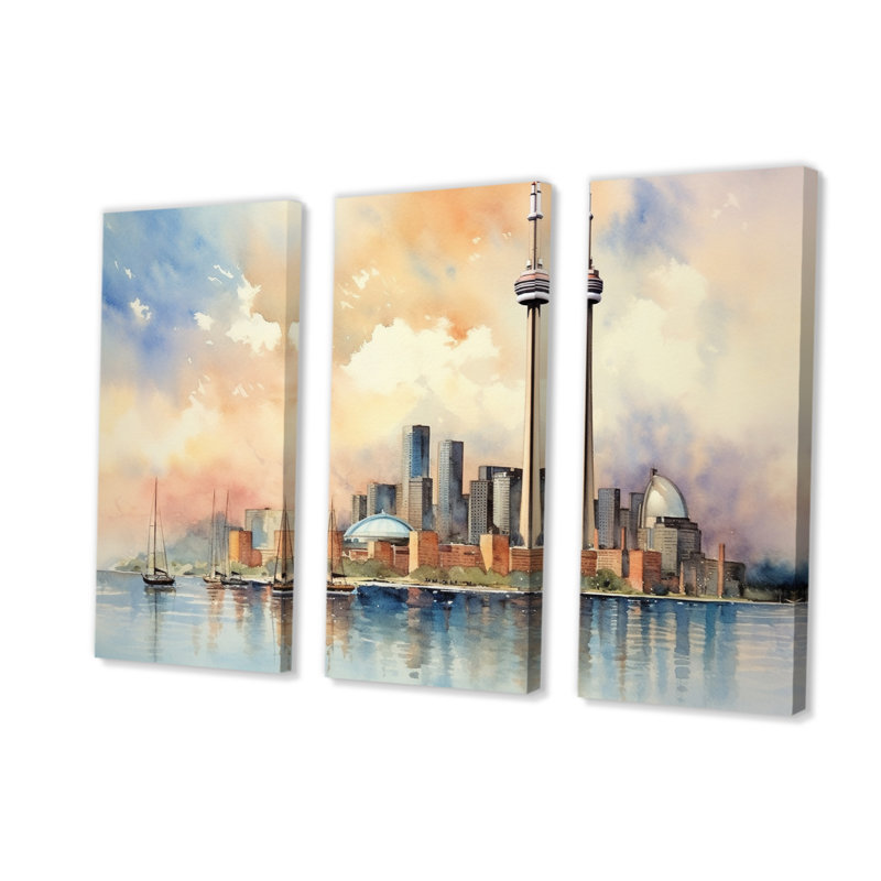 «Toronto Watercolor Landscape on Canvas», reproduction de 3 pièces, H 32 po x l 48 po x P 1 po