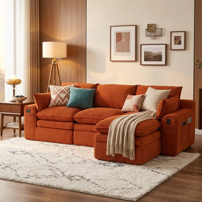 Canapé modulaire moderne en velours côtelé de 110 po de large avec repose-pieds, aucun assemblage requis