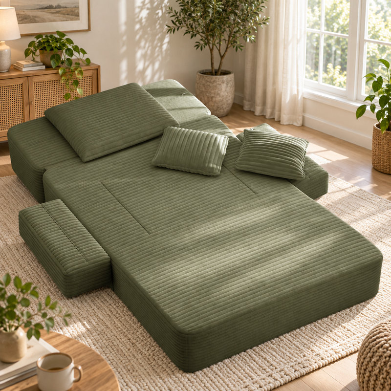 Canapé-lit moelleux en velours côtelé avec poches de rangement et 6 coussins - vert olive