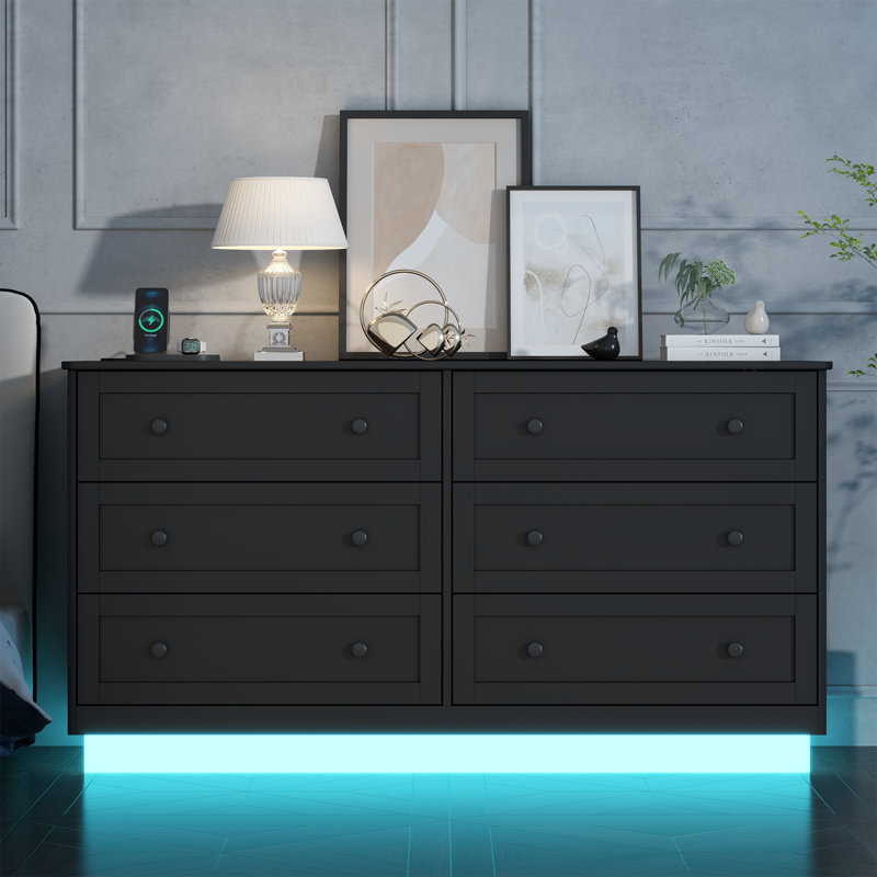 Joyti 6 Drawer Dresser, Modern Wide Drawer Chests With Power Outlet And Led Light For Bedroom, Black/White