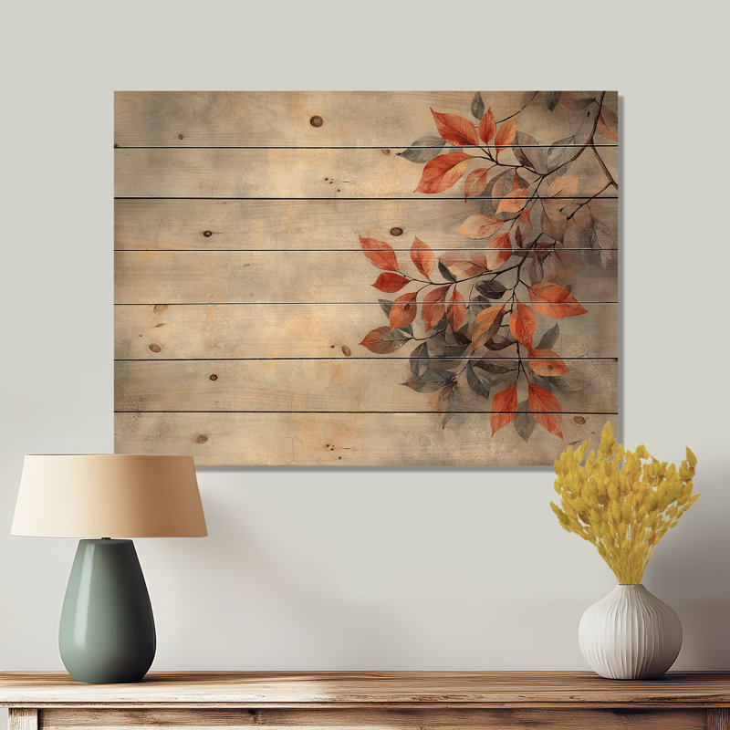 Feuilles d'automne orange VI - décoration murale en bois de feuilles - sur bois de pin naturel, H 10 po x l 20 po