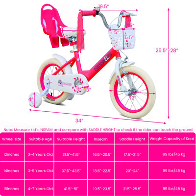 Kids Bike for Girls 12 14 16 Inch with Training Wheels, Adjustable Seat, Front Basket, Doll Seat & Colorful Streamers, Toddler Bicycle for 2-7 Years Old, Pink Kids' Bikes for Birthday Gift