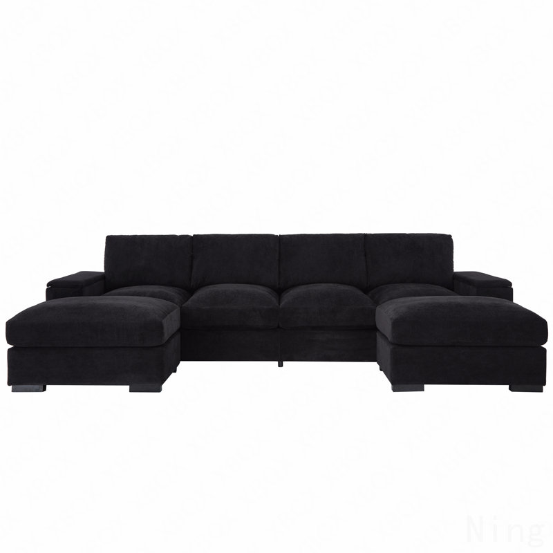 Sectional Sofa Deep Seat Sofa Couch With Ottomans, Corduroy Sofa Sleeper Comfy Upholstered Furniture, Black Polyester