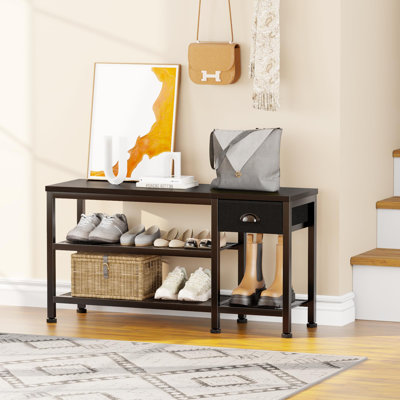 35.43" Entryway Shoe Bench with Wood Seat and Metal Grid