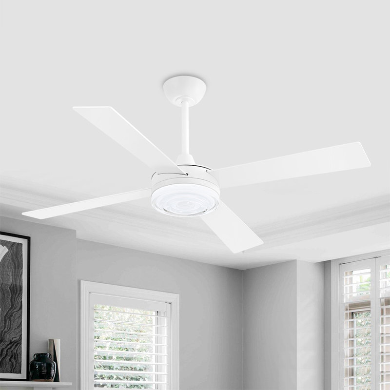 52 po Ventilateur de plafond à DEL 4 pales avec abat-jour en verre, White, White, Blanc