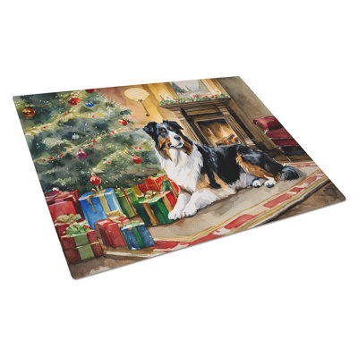 Australian Shepherd Cozy Christmas Glass Cutting Board Large