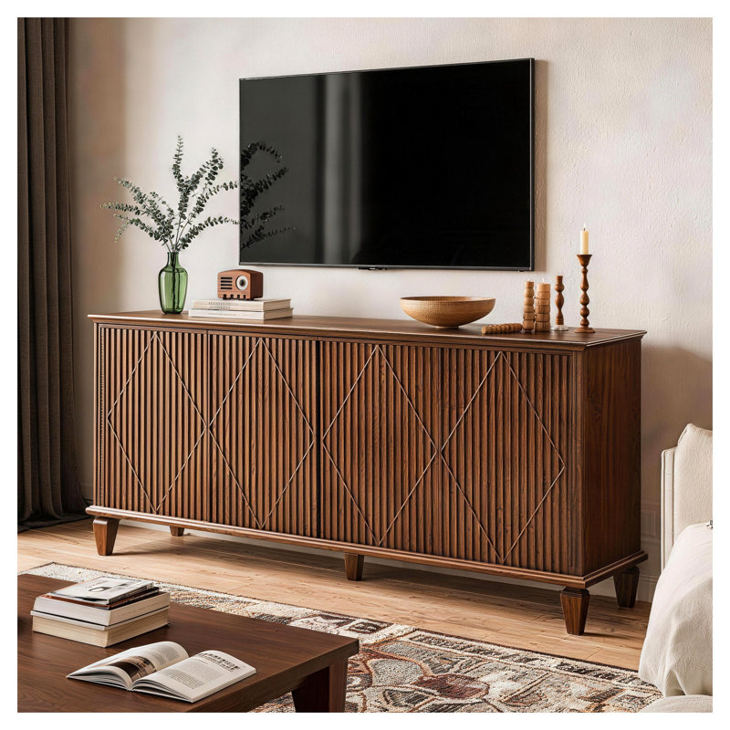 Meuble télé moderne de style Mid-Century de 58 pouces avec portes géométriques sculptées, console multimédia à 4 portes et buffet au fini noyer