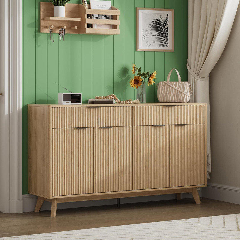 60" Sideboard Buffet Cabinet with 2 Drawers & 4 Wave Doors, Adjustable Shelves for Dining Room, Living Room, Kitchen