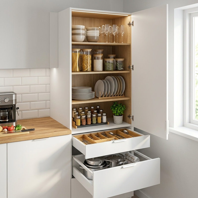 Armoire de cuisine blanche avec tablettes et tiroirs réglables