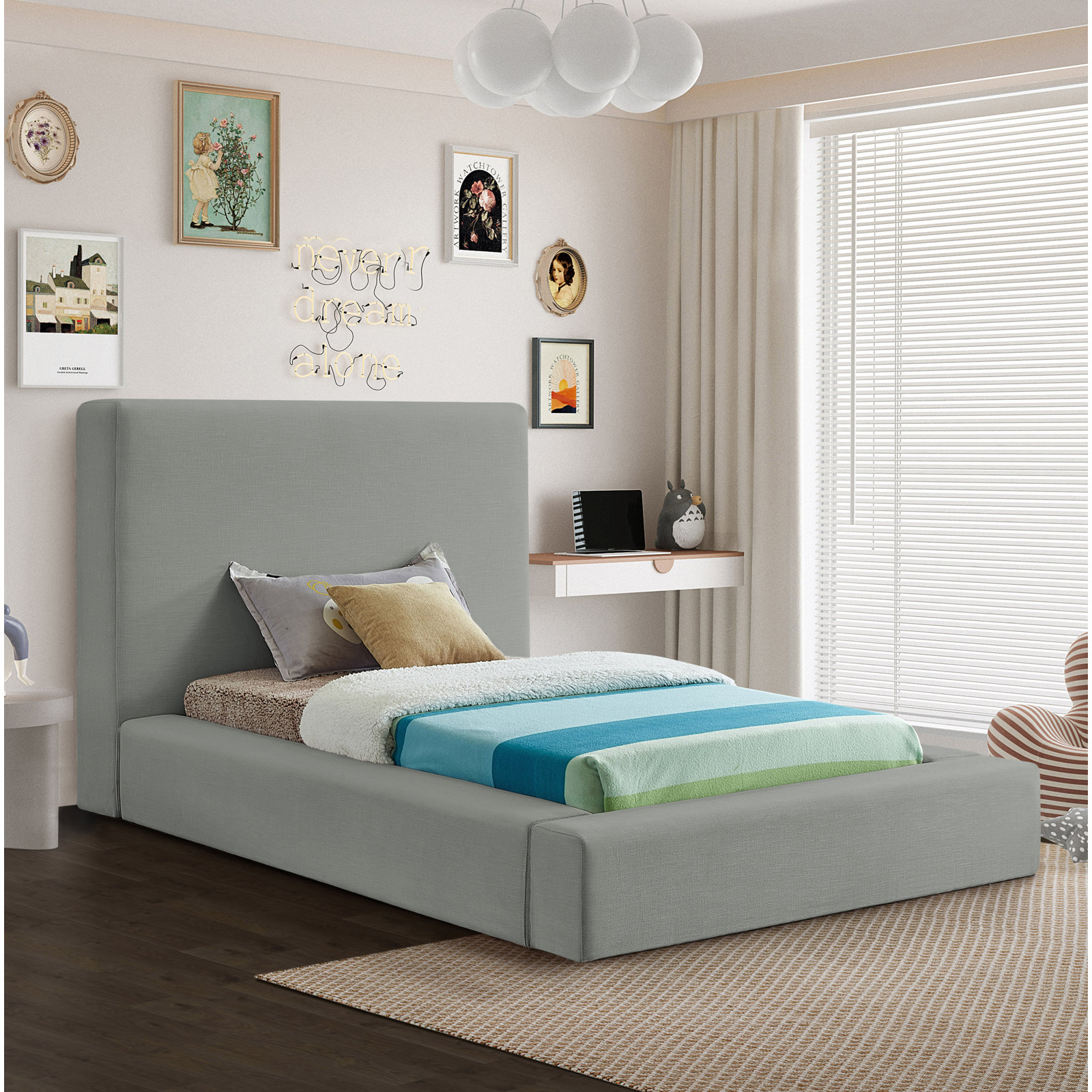 Ishia Velvet Upholstered Bed, Twin, Grey Linen