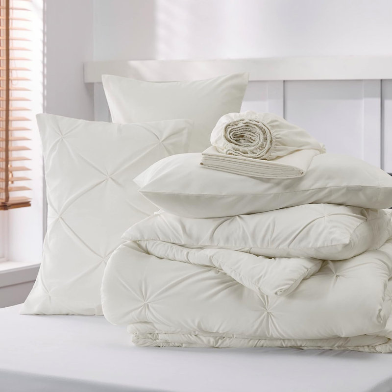 Bedsure Twin-XL Pintuck Bed-in-a-Bag- Ivory Pinch Pleat Comforter with Sheets, Pillowcases & Shams, Ivory