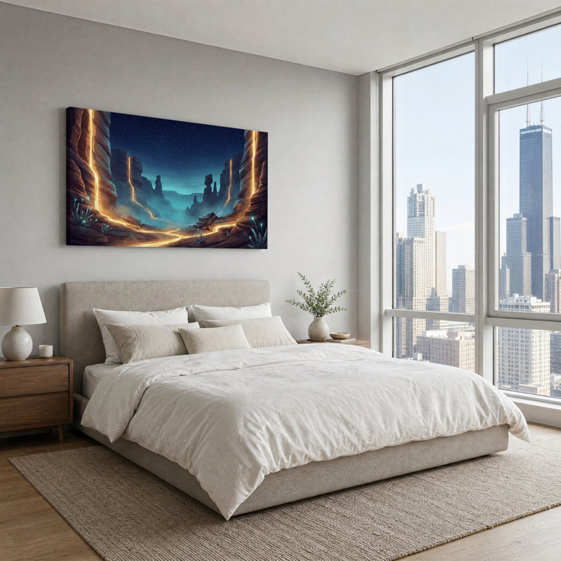 «Glowing Orange Rivers in Canyon Under Starry Sky», art mural sur toile, L 32 po x H 16 po