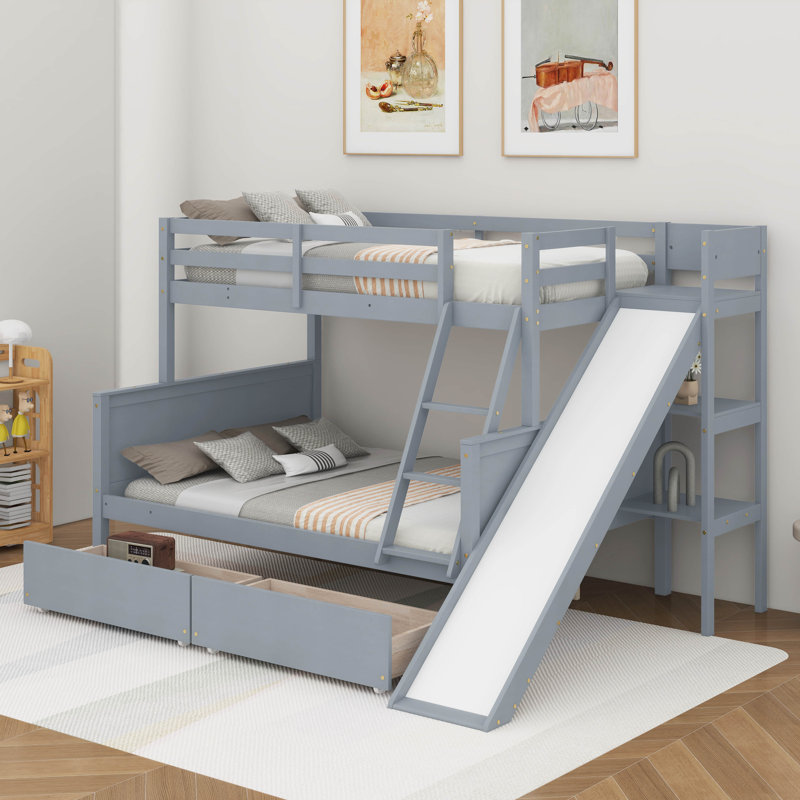 Lit simple superposé au dessus d'un lit double avec 2 tiroirs, glissoire, tablettes et échelle, Gris