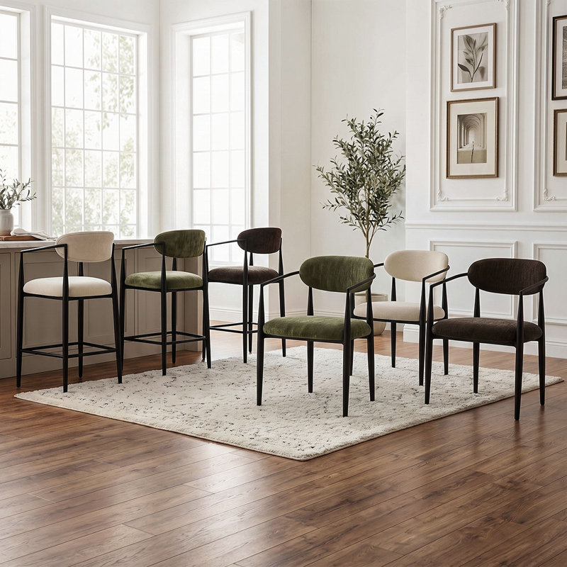 Chaises de salle à manger modernes en chenille avec accoudoirs et structure en métal, Vert