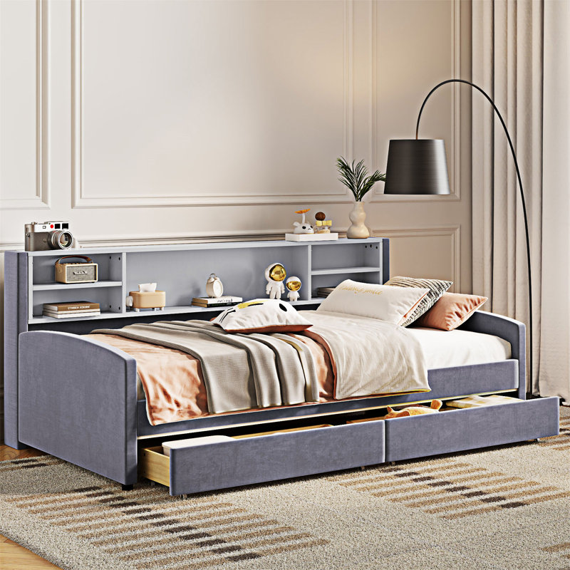 Lit plateforme simple tapissier avec rangement, gris