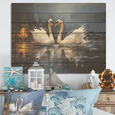White Swans Harmony Moonlight Pond I - Swans Animal On Wood Print