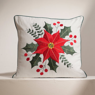 Poinsettia Embroidered Throw Pillow with Insert, 18" x 18" Cotton Christmas Decorative Accent Cushion with Holly and Berry Design
