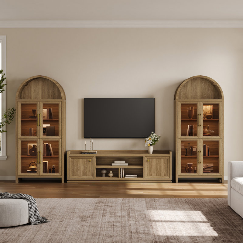 Meuble télé moderne avec rangement et tablettes, console de divertissement pour téléviseurs de 50 à 75 po., Chêne naturel