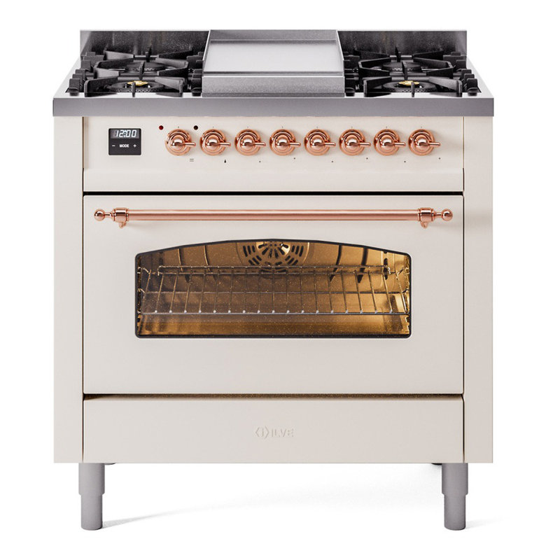 Cuisinière à double combustible 36 pouces avec 6 brûleurs, plaque chauffante (porte vitrée) ILVE Nostalgie II Series