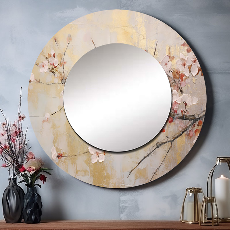 Apple Blossom Harmony III - grand miroir fleur de pomme, miroir mural décoratif rose, impression d'art en métal, Rond
