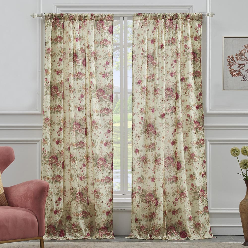 Antique Rose Nature/Floral Sheer Rod Pocket Curtain Panels, Ecru