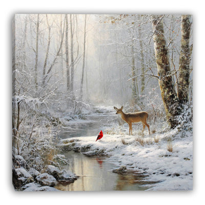 «Cardinal and Deer at Winter Creek», art mural sur toile tendue
