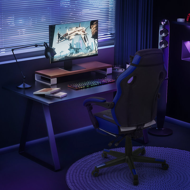 Reclining Computer Chair with Footrest & Detachable Lumbar Support 360 Degree Swivel, Blue