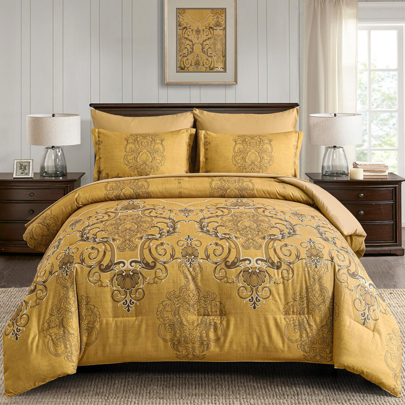 Ensemble d'édredon 7 pièces à motif damassé doux, ensemble de literie légère en microfibre avec draps, taies d'oreiller et taies décoratives
