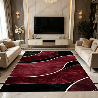 Tapis à motif géométrique moderne abstrait à motif de vagues noires 1pc pour salon, doux et confortable, tapis d'intérieur lavable à la machine, toutes saisons, facile d'entretien, idéal pour la salle à manger, la chambre à coucher, la cuisine, le couloir, la décoration intérieure et extérieure.