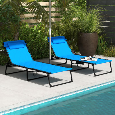 Fauteuil de bronzage bleu avec fonction pliable - 5 niveaux, siège rembourré, poche latérale et pour la plage, chaises longues de jardin pour le bain de soleil, dossier inclinable, patio, plage
