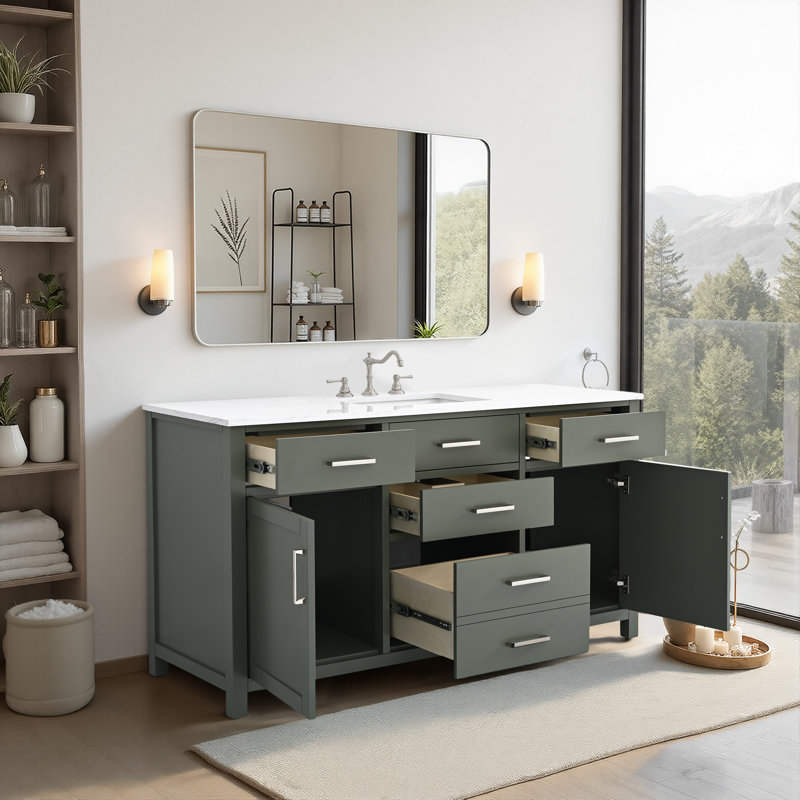 Ensemble de meuble-lavabo simple 60 po avec plateau en marbre Tremolo, Vert rétro / nickel poli