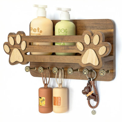 Wood Dog Leash Holder for Wall, Cute Dog Paw Key Holder Wall Mount with Floating Shelf and 6 Hooks, Rustic Mail Organizer for Dog Accessories & Home Decor, (Acacia)