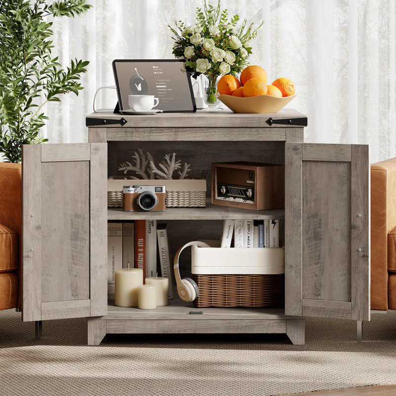 23.6" Farmhouse Side Table, Large End Table With Charging Station, White/Walnut
