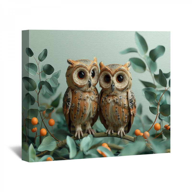 Paire de chouettes sur toile, H 11 po x l 14 po