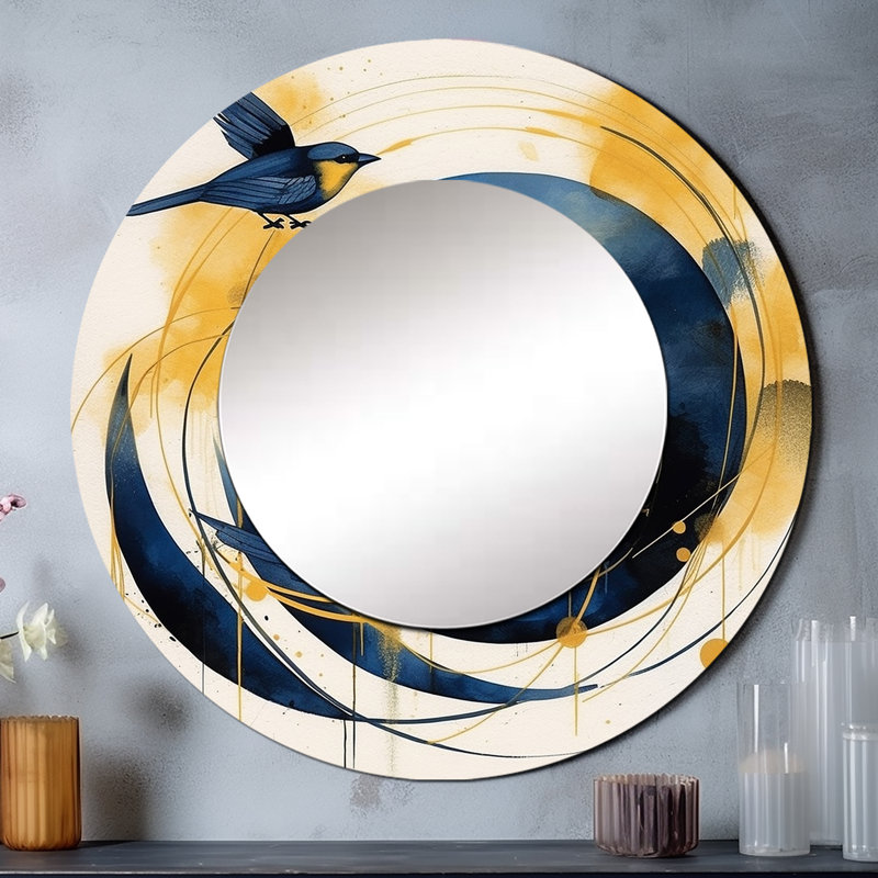 Bleu foncé et or, cercle abstrait texturé III - grand miroir géométrique, miroir mural décoratif rond moderne, impression d'art en métal