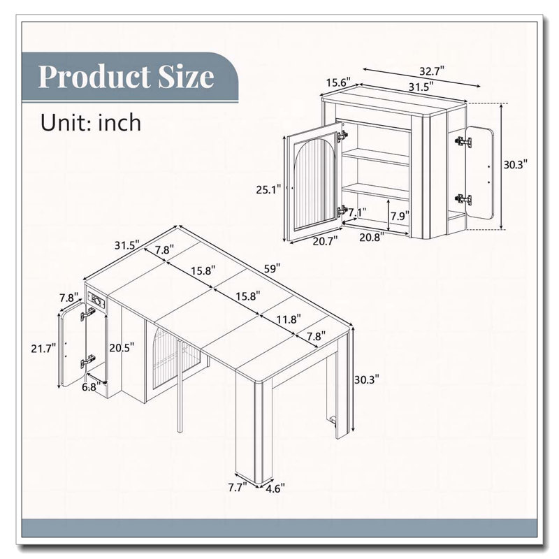 Table de salle à manger extensible avec 3 rallonges amovibles et armoire compacte, Bleu