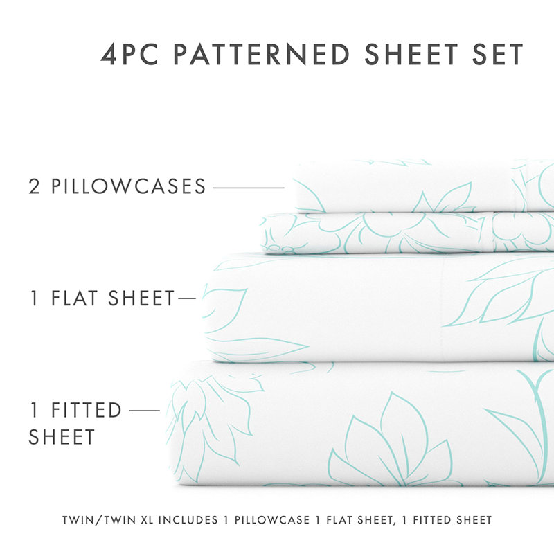 Sheet Set Solid Microfiber Ultra Soft Bedding, Twin Sheet Set with 1 Pillowcase, Aqua Floral