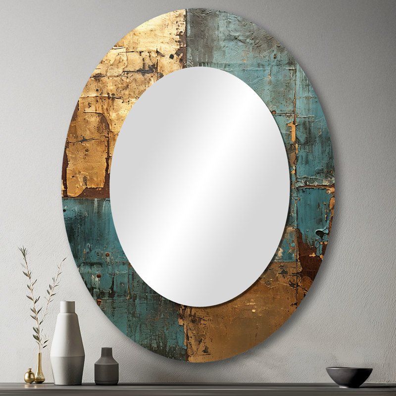 Kintsugi Retro Glam Vintage Gold On Turquoise - Abstract Oval Decorative Mirror On Metal, 43" x 33"