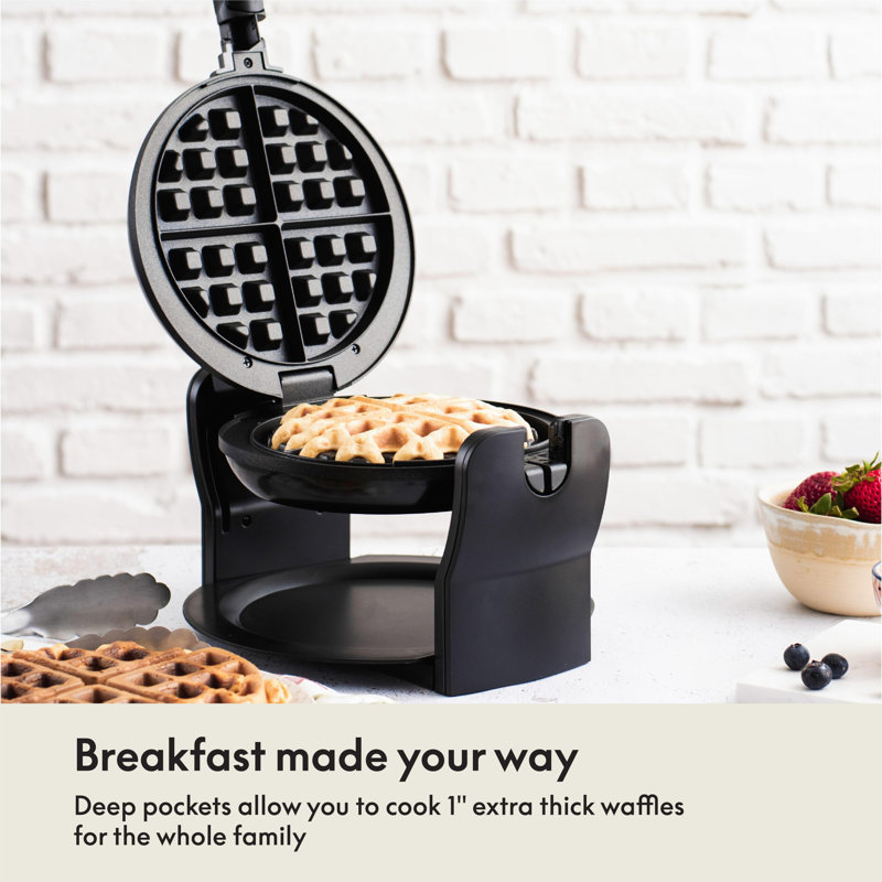 Black Rotating Belgian Waffle Maker with Nonstick Plates