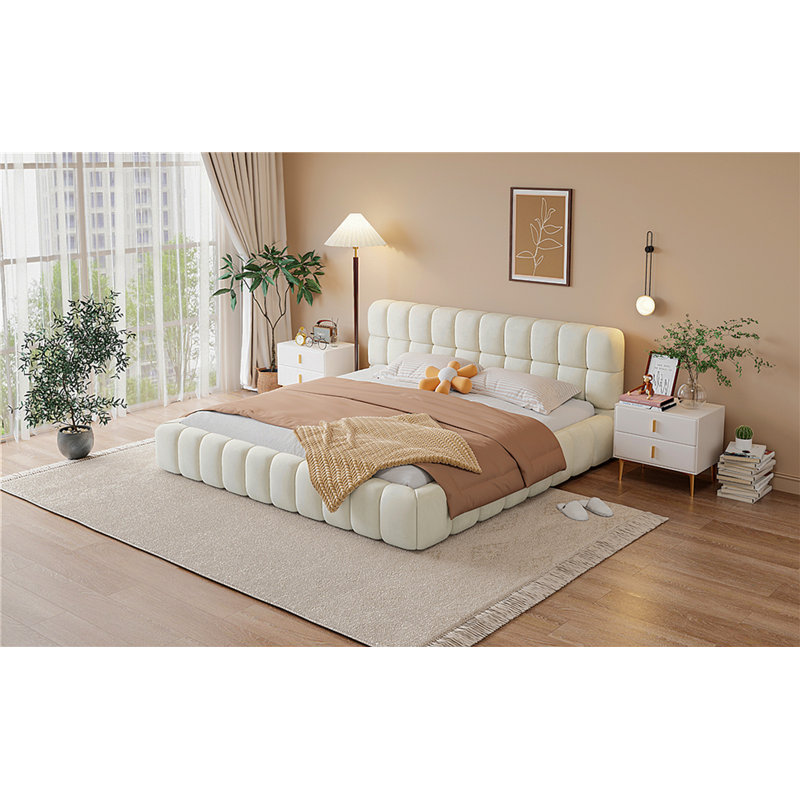 Lit plateforme tapissier très grand avec tissu épais, lit au sol avec structure solide, beige, Beige