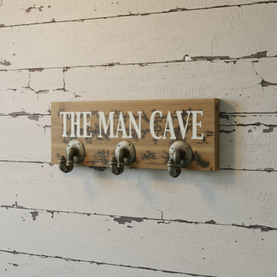 12" X 27" Natural Silver And White Man Cave Metal And Wood Wall Decor With Hooks