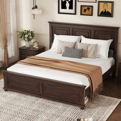Lit de taille KING avec tête et pied de lit hauts, lit en bois de pin avec cadre de lit renforcé