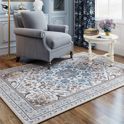 Living Room Rug 5x7 ft Blue and White Area Rug Machine Washable Rug, Non Slip Vintage Rug Stain Resistant Indoor Large Carpet for Bedroom, Distressed Retro Floor Rug for Classroom, Dorm, Dining Room