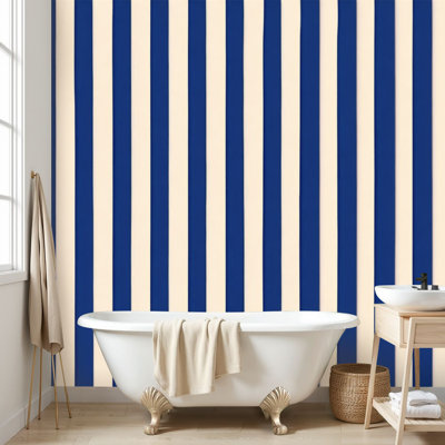 Latitude Run® Wall Mural Peel and Stick Wallpaper Nautical Blue Cream Striped Vertical Stripes Self-Adhesive Removable Contact Paper Wall Decor for Living Room Bed